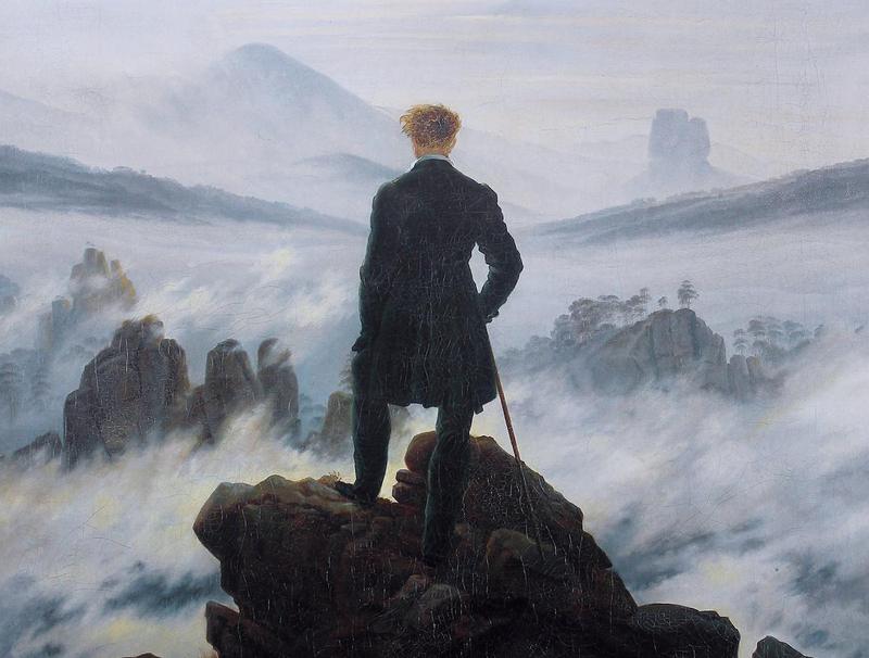 El caminante sobre el mar de nubes, de Caspar David Friedrich: un hombre de espaldas, de pie sobre una roca, contempla un paisaje cubierto de niebla.