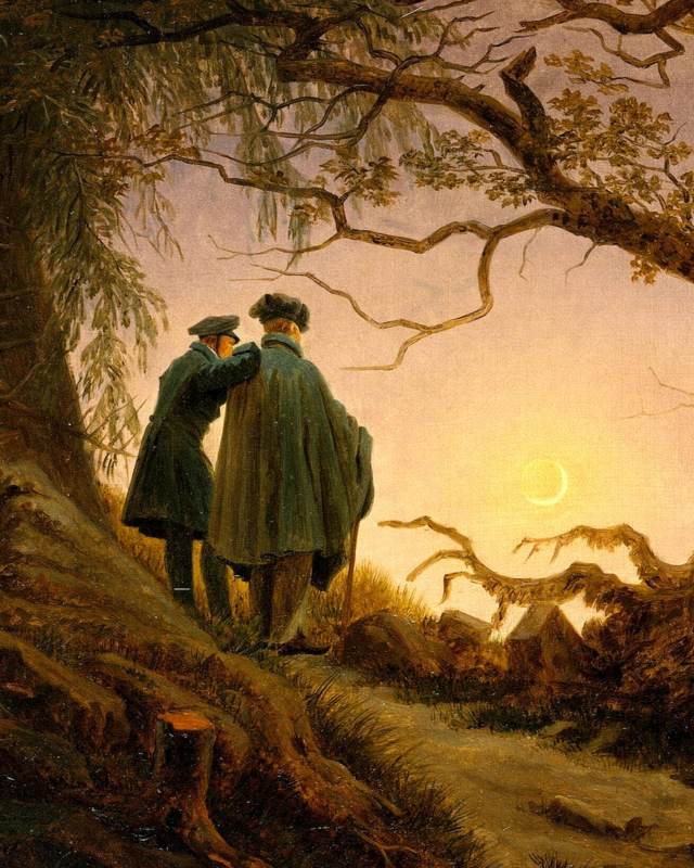 Dos hombres contemplando la luna, de Caspar David Friedrich: dos figuras de espaldas, una apoyada en el hombro de la otra, miran juntas la luna creciente entre las ramas de un árbol.