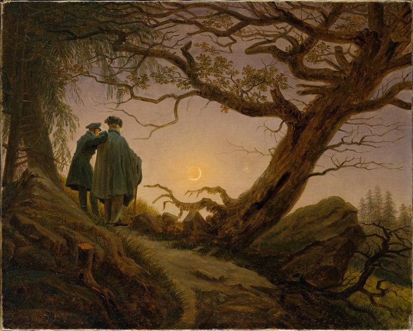 Dos hombres contemplando la luna, de Caspar David Friedrich: dos figuras de espaldas, una apoyada en el hombro de la otra, miran juntas la luna creciente entre las ramas de un árbol.