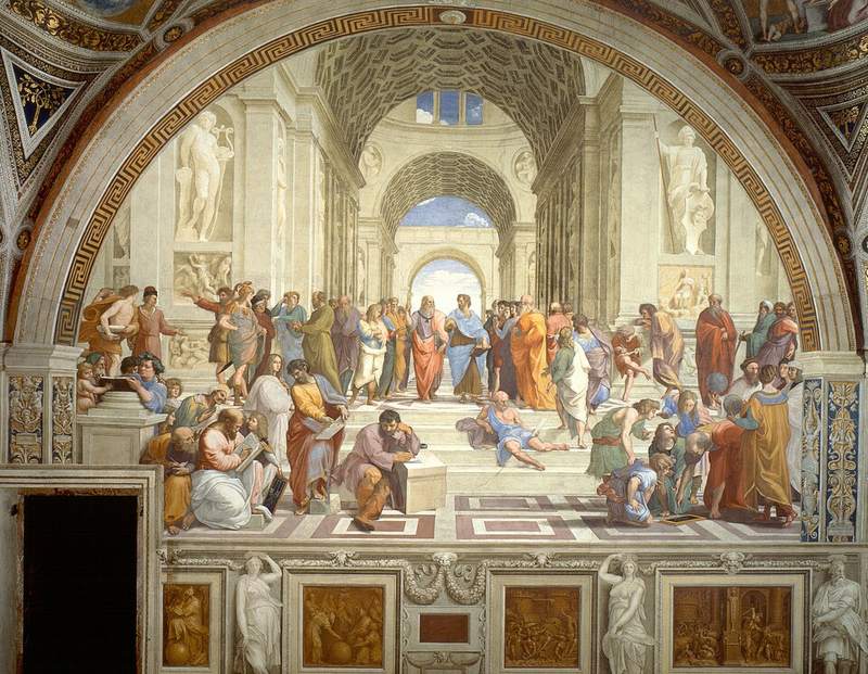 La escuela de Atenas, de Rafael: Platón y Aristóteles conversan al centro de un gran edificio clásico, rodeados de filósofos que discuten, leen y escriben.